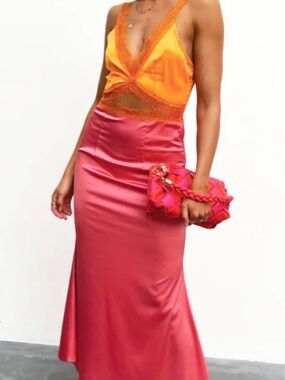 Vibrant Two-Tone Slip Dress in Orange & Salmon